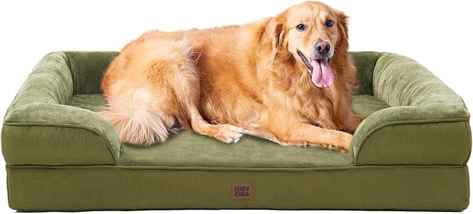 EHEYCIGA Orthopedic Extra Large Dog Bed, Waterproof Washable XL Pet Bed 44" | Non-Slip Bottom and Egg-Crate Memory Foam Big Dog Couch Bed with Washable Removable Cover, Olive Green, 44Inch