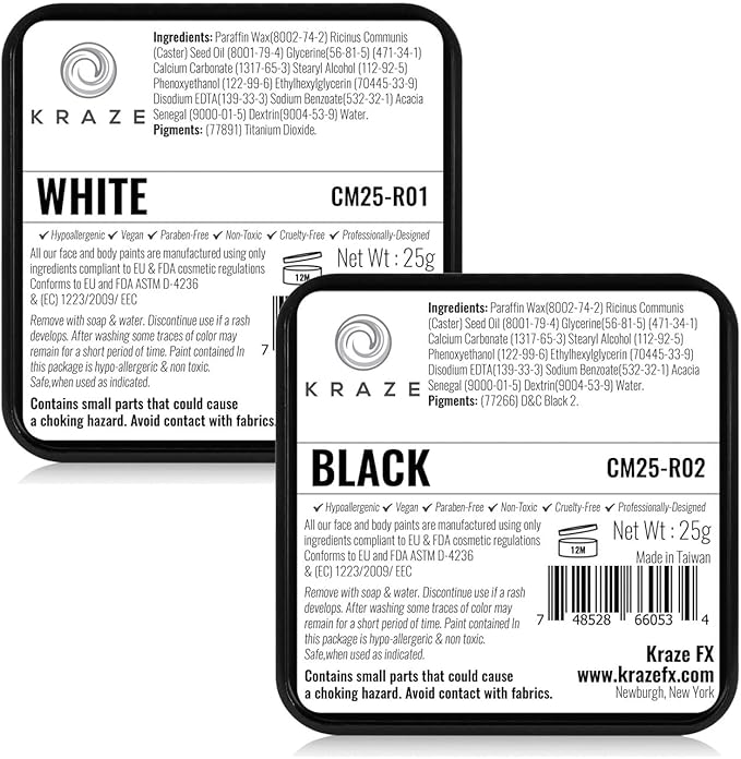 Kraze FX Black and White Face Paint Set - Hypoallergenic, Non-Toxic, Water Activated Professional Face & Body Painting Makeup, Combo Value Pack