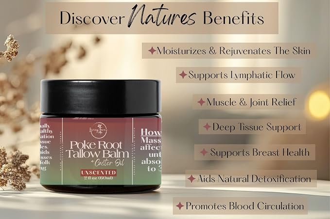 Poke Root Tallow Balm with Castor Oil - Organic Lymphatic Support - Handmade in The USA (2oz)