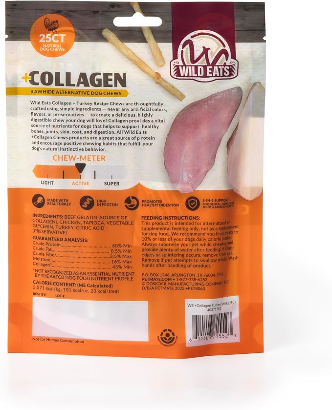 Wild Eats Turkey Collagen Sticks for Dogs 25 Pack, Bully Stick Alternative | Rawhide and grain free no hide chew treats, 0.6 cm chew width, high protein, long lasting, satisfies natural gnawing urges