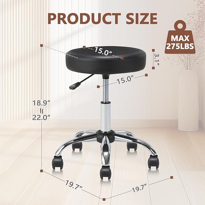Round Rolling Stool Swivel with Wheels Adjustable Height Seat 19.7"D x 19.7"W x 22"H Multi-Purpose Heavy Duty Wide Seat Drafting Stool Chair for Office Salon Massage Spa Medical Tattoo Beauty