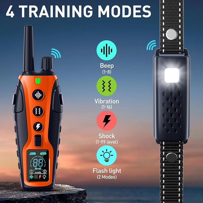 Dog Shock Collar with Flashing Light for Night Walks,4500FT Dog Training Collar Adjustable Pitch Beep(1-8), Vibration(1-16), Safe Shock(1-99), and Keypad Lock, Shock Collar for Dogs