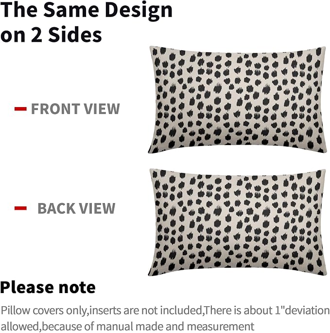 Polka Dot Throw Pillow Covers 12x20 Set of 2 Black Cream Throw Pillows Boho Design Brush Strokes Decorative Outdoor Pillowcase Square Cushion Cover Linen Pillow Case for Home Sofa Couch Bed
