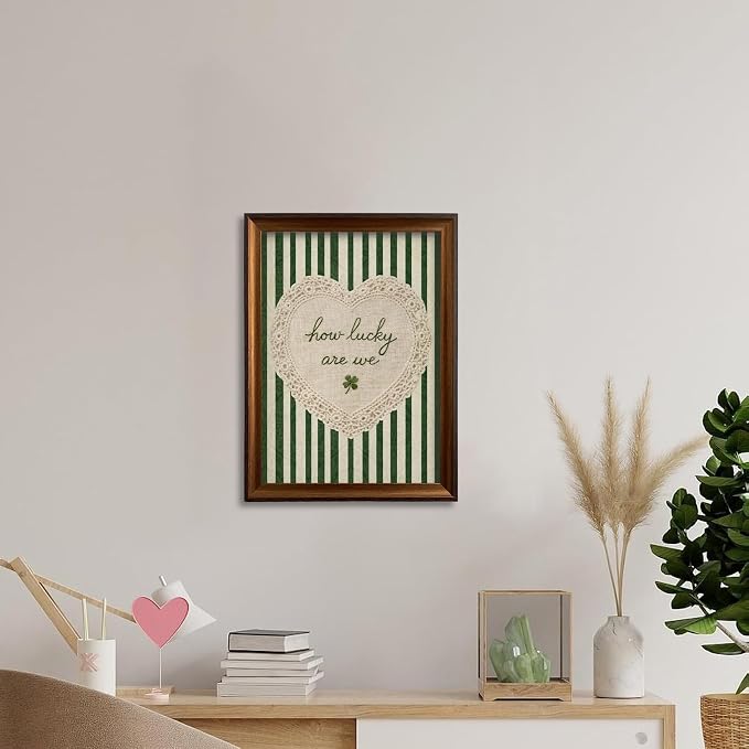 Framed How Lucky Are We Wall Art Vintage Inspirational Quotes Decor Print | Green Striped Lace Heart Aesthetic Painting Poster Trendy Preppy Canvas Picture for Bedroom Collage Ready to Hang 16inx24in
