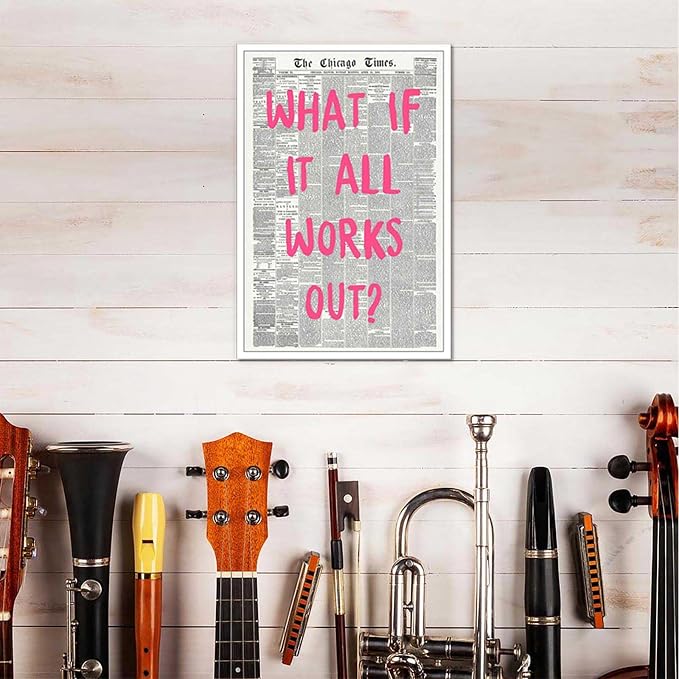 Drimiler What If It All Works Out Poster Retro Newspaper Pink Font Canvas Wall Art Positive Affirming Quote Minimalist Prints Painting For Home Bedroom Dorm Wall Decor 12x18in Unframed