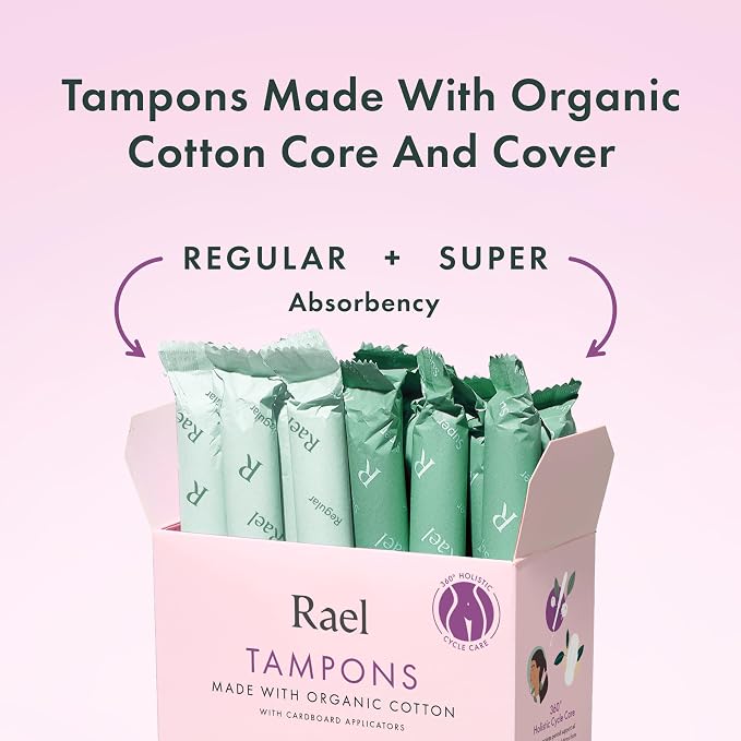 Rael Tampons, Cardboard Applicator with Organic Cotton, Multipack, Regular and Super Absorbency, Unscented, Upgraded Easy Grip, Biodegradable, Chlorine-Free (36 Count, Bundle)