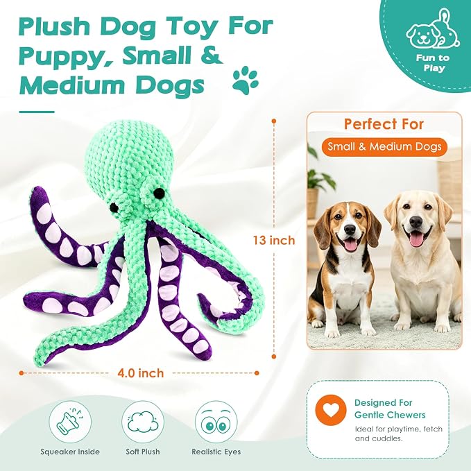 Fuufome Octopus Squeaky Dog Toys for Puppy, Small and Medium Large Breed | Tough Soft Fabric, Interactive Daily Companionship, Tug of War Doggie Toy, Training Reward, Birthday Gift