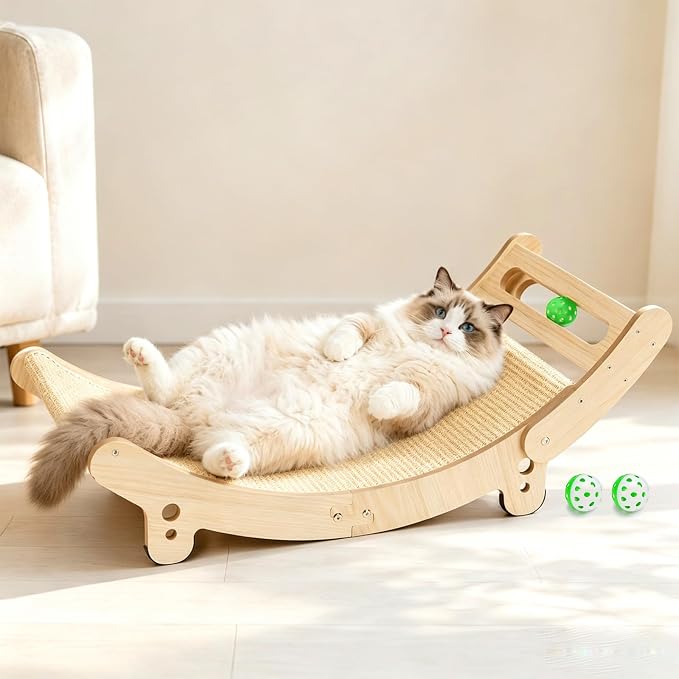 31.5" Sisal Cat Scratcher Bed with Bell Balls Wooden Cat Furniture(XXL) | Cat Scratching Post for Indoor Cats Hammock.Natural Sisal Cat Scratch.Anti Slip and Stable Without Shaking.Easy to install