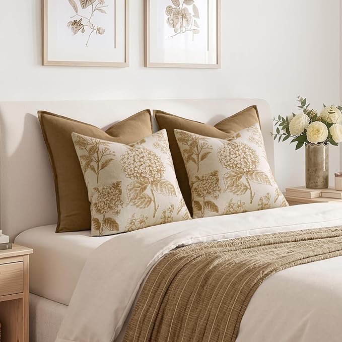 Set of 2 Decorative Floral Pillow Covers 22x22 Inch Light Yellow | Neutral Hydrangea Print, Boho Vintage Throw Cushion Covers, Cottagecore Home Decor, for Sofa Couch Porch Bedroom Living Room