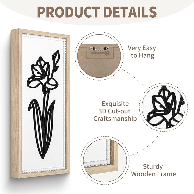 White Floral Bathroom Wall Decor Set of 2, Wood-Framed 3D Wall Art Panels | Raised floral cutouts in rectangular frames, ready to hang; neutral boho farmhouse decor for bedrooms, hallways and entryways