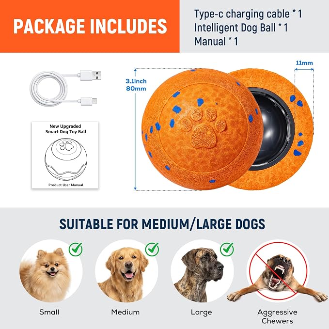 Interactive Dog Ball Toys - Automatic Moving, Bouncing Chew Toys, Wicked Balls with 3 Modes, E-TPU Vibrating Dog Ball for Small/Medium/Large Dogs, Birthday Gifts for Dogs(Orange)