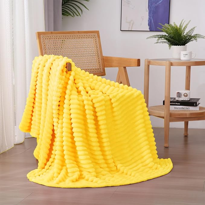 Bright Yellow Fleece Throw Blanket 50”×60” for Couch Sofa Livingroom | Super Soft Cozy Plush Microfiber Flannel Bed Blanket Striped Design Lightweight Home Decor Gifts for Adults Mom Women