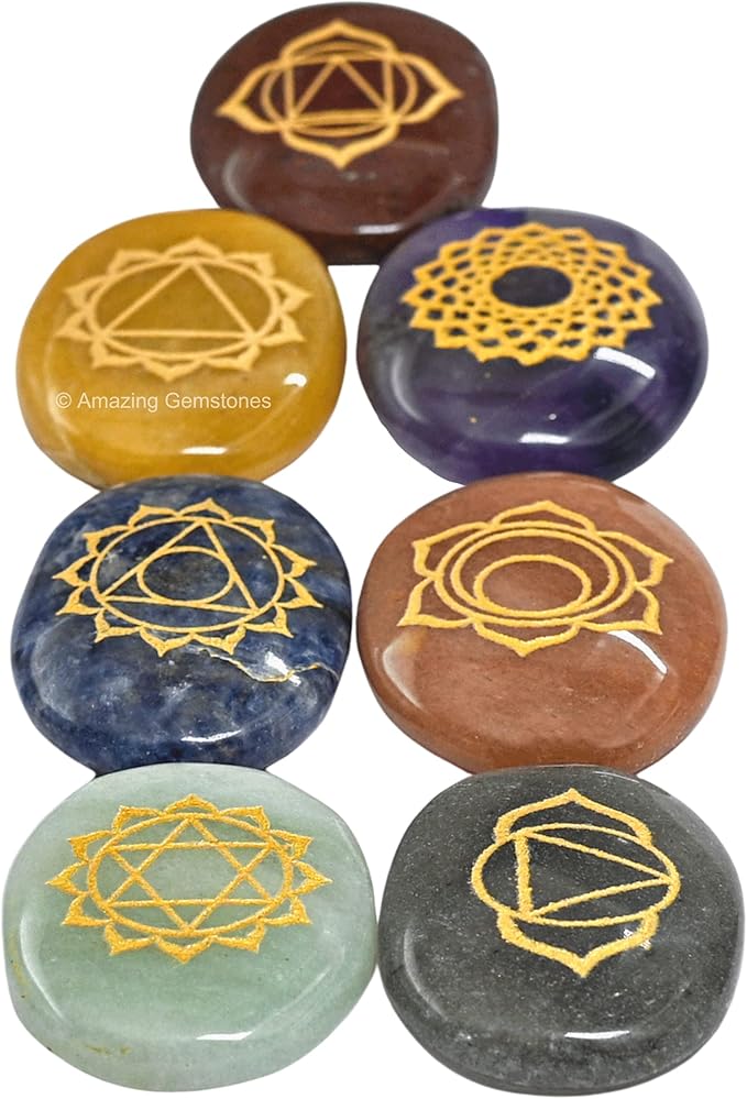 Amazing Gemstone 7 Chakra Oval Set Reiki Healing Crystal with Engraved Chakra Symbols - Chakra Balancing Polished Palm Stones Set with Velvet Pouch
