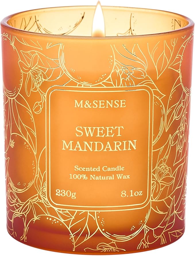 M&SENSE Sweet Mandarin Soy Candle, 8.1oz Gilded Glass, Summer Refresh | 42H Long Burn, Relax Calm Air Purifying, Non-Toxic, Warmer Lamp Compatible, Reusable Glass
