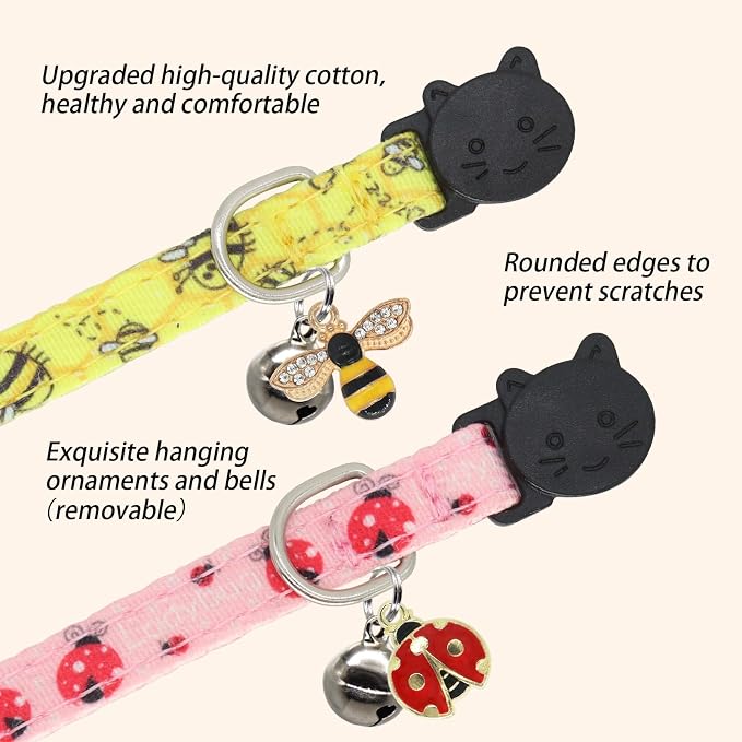Cat Collar Breakaway, 2 Pack Cotton Kitten Collars with Bells and Removable Charms, Cute Bee and Ladybug Shaped for Indoor Boy, Girl and Adult Cats