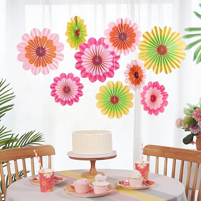 SUNBEAUTY 9 Pcs Paper Flowers Fans Hot Orange and Hot Pink Party Spring Summer Decorations Tissue Paper Flowers Decorations for Girl Groovy Birthday Baby Shower Wedding Bachelorette Room Wall Hanging