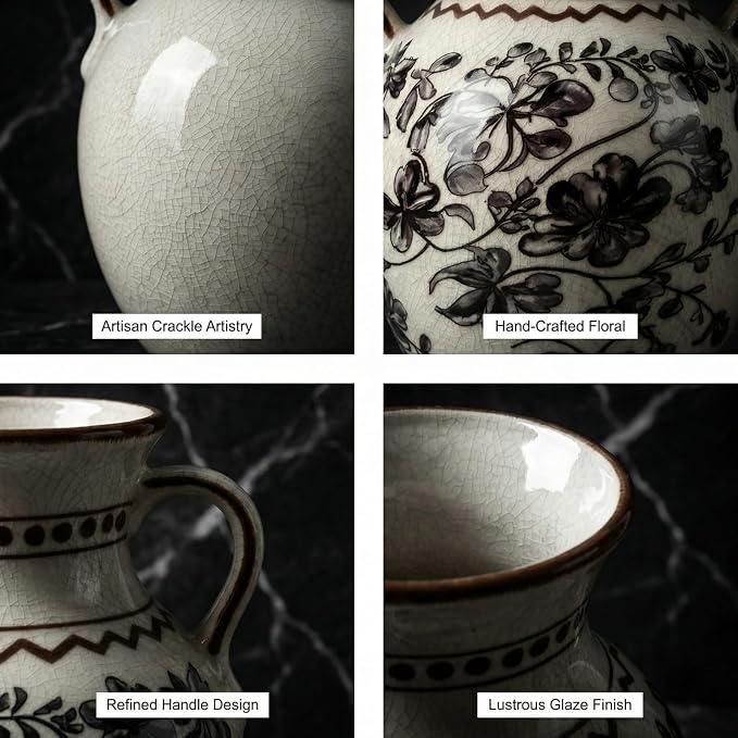 EFISPSS Ceramic Vintage Vase,Chinoiserie Rustic Farmhouse Floral Spring Decor for Home Decor Living Room Fireplace Office, Grey