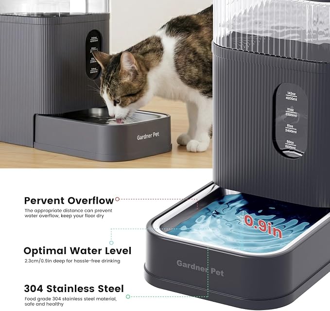 Gardner Pet 2.2 Gallon Automatic Dog Water Bowl Dispenser 8.5L Gravity Water Feeder with Stainless Steel Bowl & Maifan Stone Filter, BPA-Free for for Cats and Dogs (Grey, 2.2 Gallon)