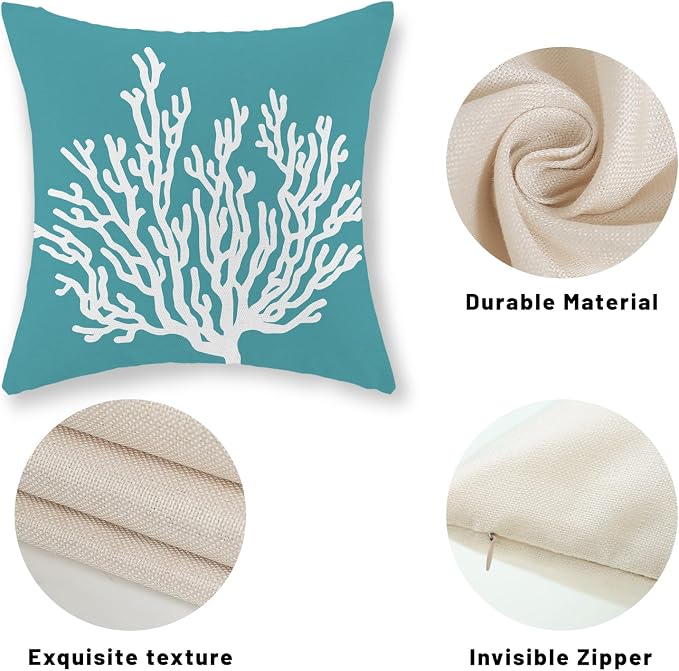Coastal Pillow Covers 16x16 Set of 2 Aqua Teal Turquoise Coral Starfish Throw Pillows Nautical Ocean Decorations Summer Linen Beach Pillowcase Outdoor Decor Farmhouse Cushion Case for Couch