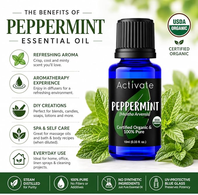 Activate USDA Organic Peppermint Essential Oil, 100% Pure Steam Distilled Mentha Arvensis, Premium Aromatherapy Oil for Diffusers, Massage, DIY Soap, Candles, Bath & Home Fragrance, 10 mL