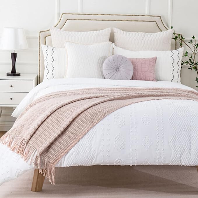Blagic Wheat Textured Throw Blanket for Couch,Light Pink & White,50"x60" | Soft Farmhouse Boho Throw Blanket with Tassels,Decorative for Living Room,Gifts for Adults,All Season Use