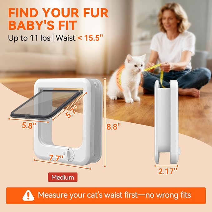 LIBBEPET Cat Door Interior Door, 4 Way Rotating Lock for Cat ≤11 lbs，Medium | Reinforced ABS Frame, Magnetic Auto-Reset Flap, Weatherproof Brush Strips, Fit for Interior and Exterior Doors 1.3"-2" Thick