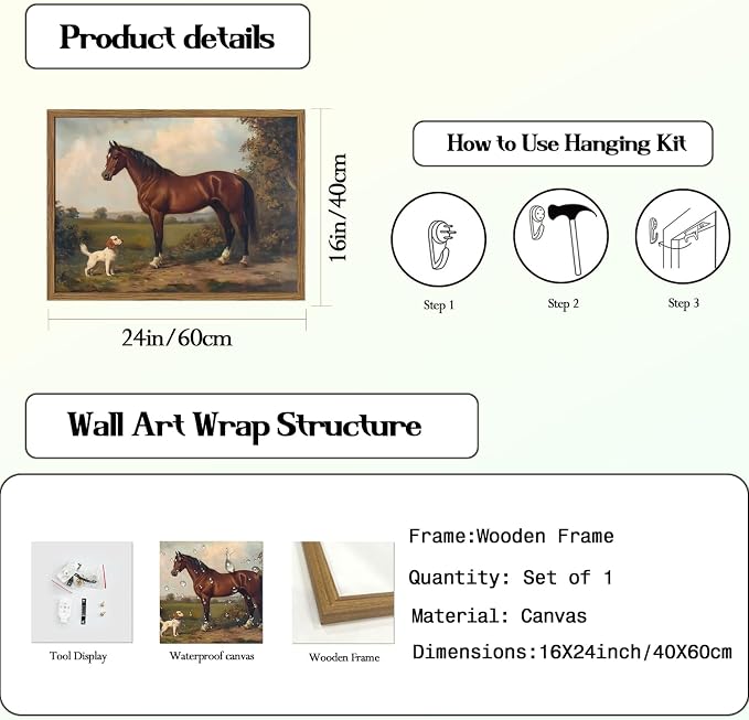 Framed Vintage Wall Art, Rustic Horse and Dog Pictures Wall Decor, Farmhouse Animal landscape Paintings Canvas Prints Neutral Aesthetic Home Decor for Living Room Bedroom Bathroom Office 16x24 inch