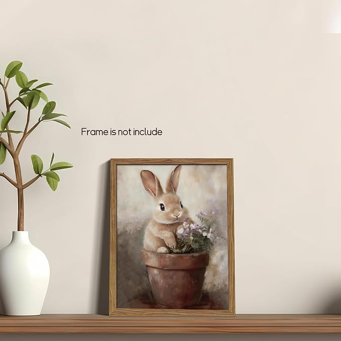 AKWISH Vintage Easter Wall Art Poster, Cute Rabbit in Flower Pot Picture Prints, Cottage Farmhouse Bunny Canvas Artwork, Holiday Wall Decor for Kids Room Girls Bedroom Living Room 8x10 inch Unframed