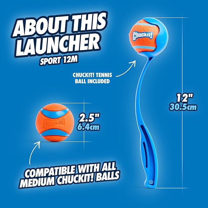 Chuckit! Dog Ball Launcher 12M Sport with 12" Handle Length for Medium 2.5" Dog Balls for Dogs 20-60 lb, Plastic Pet Fetch Ball Thrower, Perfect to Kids, Made in USA, Blue, 12in (Pack of 12)