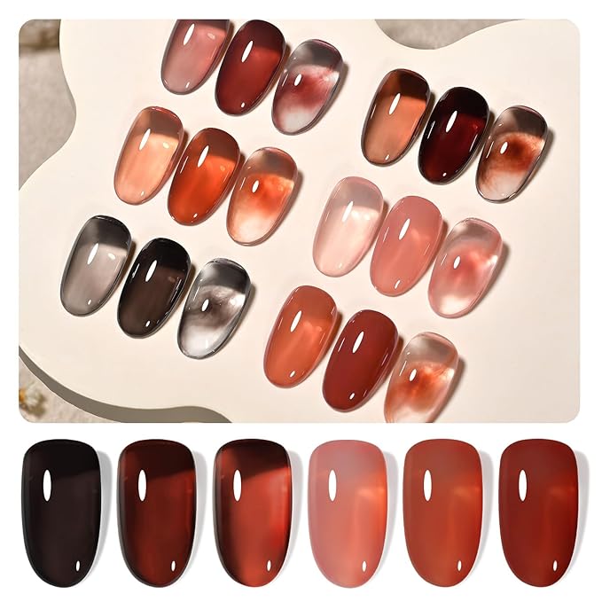 GAOY Jelly Gel Nail Polish of 6 Transparent Milker Nude Brown Red Pink Colors Sheer Gel Polish Kit for Salon Manicure and Nail Art DIY at Home