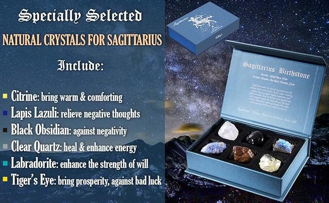 Faivykyd Sagittarius Birthday Crystals Gifts - 6 Sagittarius Zodiac Healing Stones w/ 50 Miracle Mantras Affirmation Cards, Spiritual Gifts for Positive Energy, Self-Care, Love & Wealth