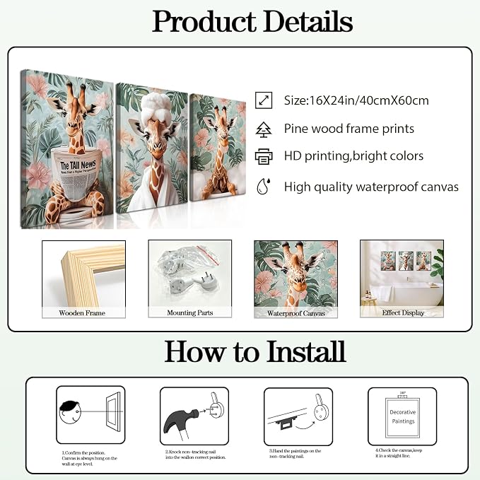 Funny Animal Bathroom Wall Art Set of 3, Cute Giraffe in Toilet Reading Newspaper Wall Decor Paintings Eclectic Giraffe Bathroom Canvas Prints Artwork 16x24 inch Framed