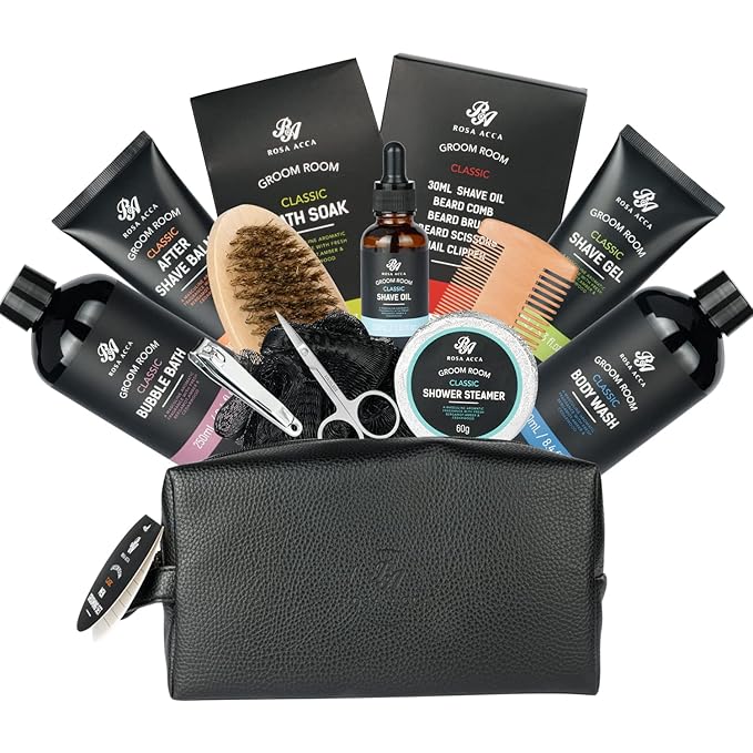 14 Pcs Bath & Body Gift Set for Men, Father's Day Gifts, Beard Grooming, Home Spa & Self Care Gift Basket, Shave Gel, Leather Bag, Christmas, Birthday, Anniversary, Dad, Husband, Boyfriend