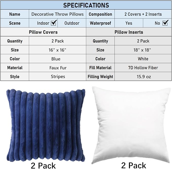 Decorative Throw Pillow with Inserts, Set of 2 Soft Faux Fur Throw Pillows, Square Boho Striped Pillow for Couch, Bed, Sofa Decor (Blue, 16" x 16"(Pack of 2))
