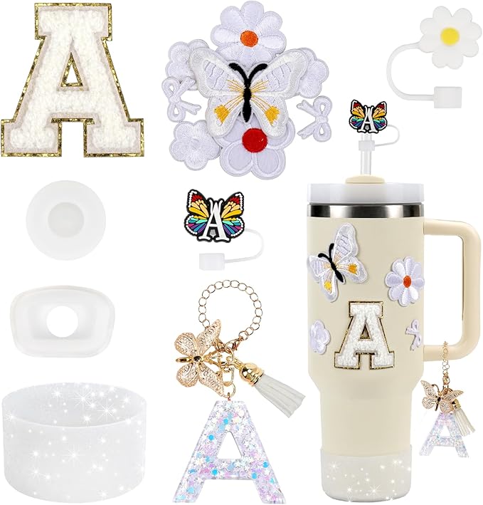 15PCS Cup Accessories Set for Stanley Cup 30oz 40oz Tumbler with Handle, Including Silicone Straw Cover and Boot, Spill Proof Stopper, Stanley Charms, Handle Charm, Initials Sticker