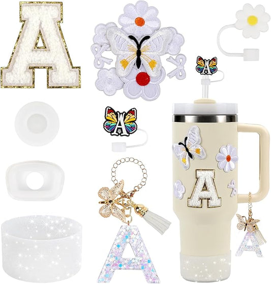 15PCS Cup Accessories Set for Stanley Cup 30oz 40oz Tumbler with Handle, Including Silicone Straw Cover and Boot, Spill Proof Stopper, Stanley Charms, Handle Charm, Initials Sticker