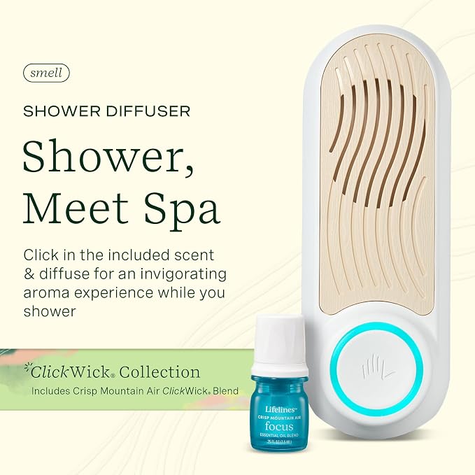 Lifelines Shower Diffuser - Wall-Mounted Essential Oil Diffuser for Showers - Aromatherapy Diffuser for Home Spa Experience, Auto Shut-Off Feature - ClickWick Essential Oil Blend Included