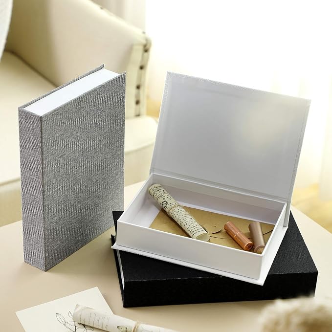 Tioncy 3 Pcs Decor Linen Faux Book Box Set Aesthetic DIY Fake Linen Book Box for Decor Storage Cafe Table Bookshelf Gift Home Keepsake(Multi Sizes,Black, White, Dark Gray)