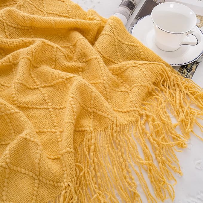 BATTILO HOME Yellow Throw Blanket with Fringe, Gold Bed Throws Spring Decorative Large Throw for Couch Sofa Indoor Outdoor (Yellow, 52"x80")