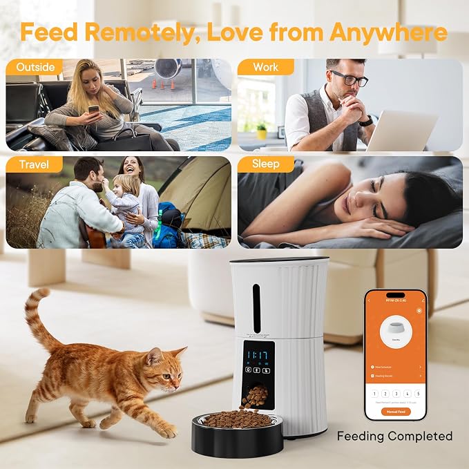 NEWBULIG 4L Automatic Cat Feeder with APP, 2.4G WiFi Pet Feeders - White | Applicable for Dry Food, 19.5 Cups, Programmable Schedule, 10 Meals/Day, 50 Portions/Meal, 10s Voice Recorder, Dual Power