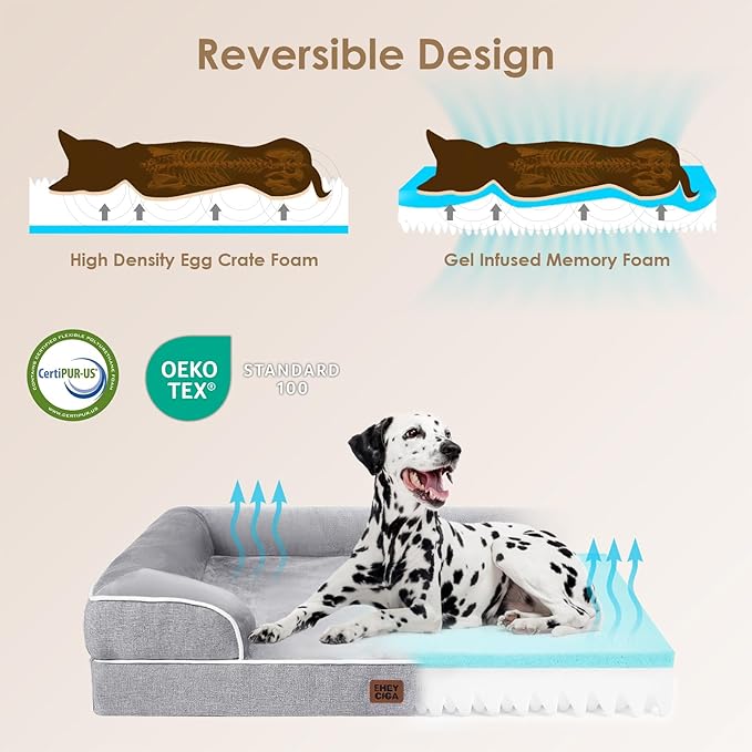 EHEYCIGA Orthopedic Dog Beds Large Sized Dog, Waterproof Washable Pet Bed | Non-Slip Bottom and Egg-Crate Memory Foam Dog Couch Bed with Washable Removable Cover, Grey