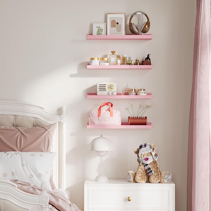 upsimples Floating Shelves for Wall Decor and Storage, Pink, 6Pcs 15.7'' | Wall Mounted Wood Shelves for Living Room, Bedroom, Bathroom, Kitchen, Office, Laundry Room Display and Organize