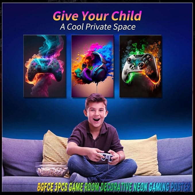 BGFCE Gaming Room Decor Canvas Wall Art Set of 3 - Cool Video Gaming Theme Wall Decor, Gamer Paintings Picture Print for Teen Boys Room 16x24 inch Framed
