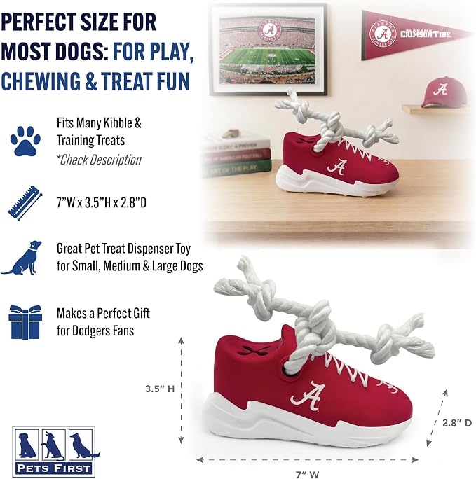 NCAA Alabama Crimson Tide Cleat Sneaker Spike Dog Toy, Treat Dispenser Chew Toy for Dogs, Interactive Rope Tug Toy, Slow Feeder Natural Rubber Dog Toy with Official Team Logo for Puppies & Adult Dogs