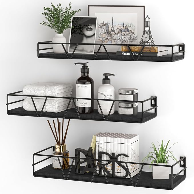 Floating Shelves Set of 3, Wood Wall Shelf, Farmhouse Shelf for Bedroom | Wall Mounted Floating Shelf for Living Room, Bedroom, Bathroom, Kitchen, Office