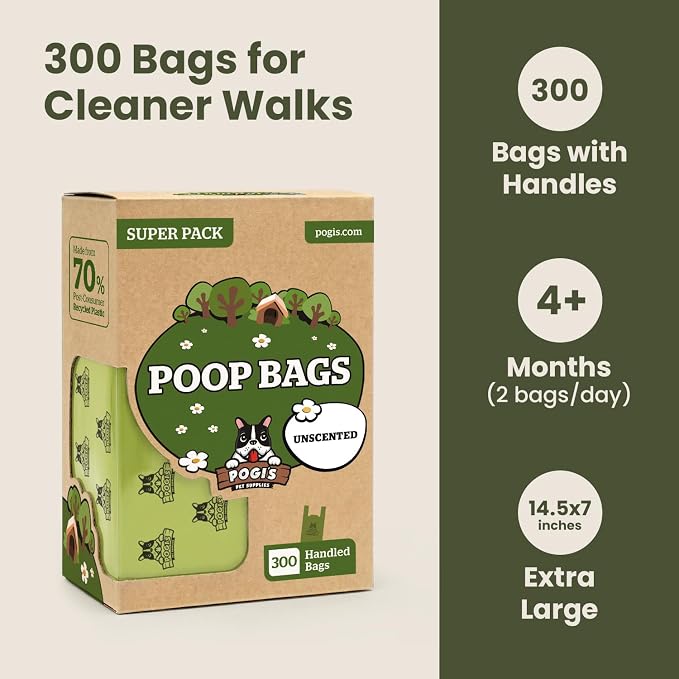 Pogi's Dog Poop Bags with Handles, Thick & Leak-Proof, Unscented, 300 Bags | Large dog waste bags with easy-tie handles that knot shut fast and one-handed. Thick and leak-proof, 9 x 13 in