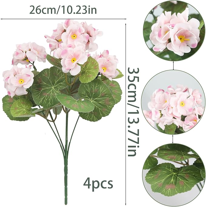 CISDUEO 4 Pcs Artificial Geranium Outdoors Silk Flowers Outside Light Pink | UV Resistant Fake Geraniums Bush Faux Flowers for Planter Outdoor Decor Indoor Garden Patio Table Centerpiece