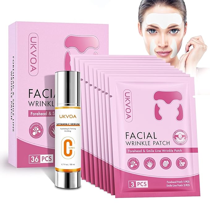 UKVOA Forehead Wrinkle Patches & Smile Line Patches, Overnight Facial Wrinkle Treatment with Hyaluronic Acid, Aloe, Collagen & Vitamin E to Lift Smile Lines for Women 36pcs with Vitamin C Serum