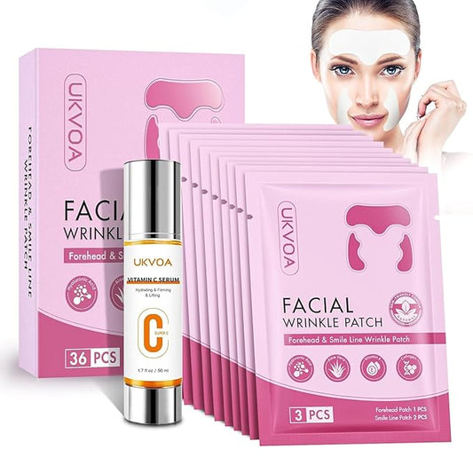 UKVOA Forehead Wrinkle Patches & Smile Line Patches, Overnight Facial Wrinkle Treatment with Hyaluronic Acid, Aloe, Collagen & Vitamin E to Lift Smile Lines for Women 36pcs with Vitamin C Serum