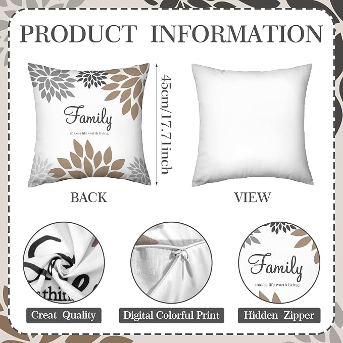 Tatuo 4 Pcs Flower Pillow Covers Square Summer Pillow Cushion Cases 18 x 18 Inch Family Faith Hope Love Words Decorative Spring Winter Cushion Case for Bed Couch Sofa Living Room(Brown Series)